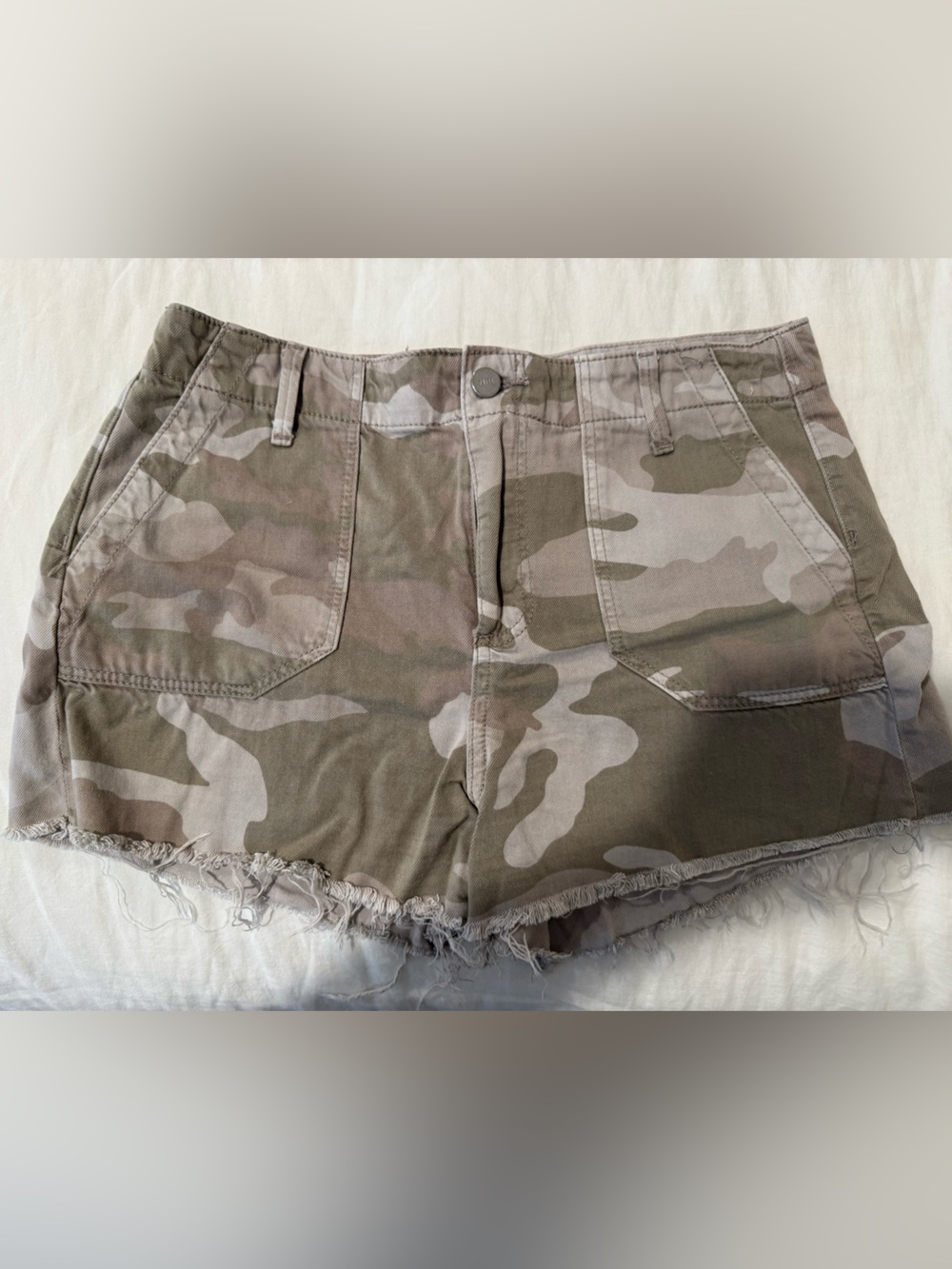 PAIGE Camo Frayed Hem Jean Shorts in Olive/Taupe - SIZE 29